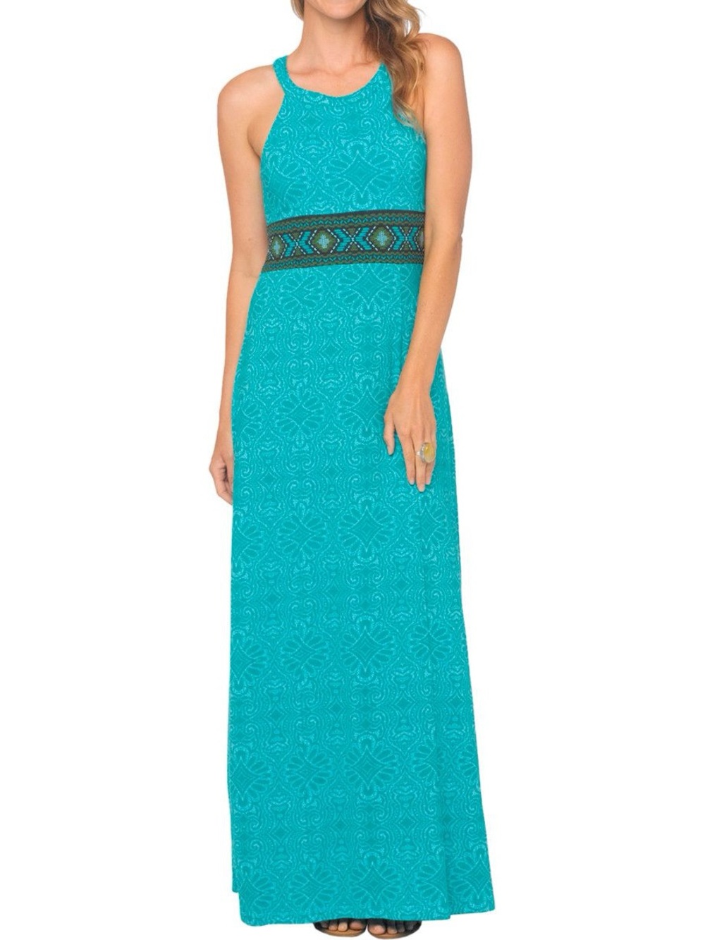 Prana Retro Needlepoint Teal Skye Maxi Dress Organic Cotton built in bra Medium